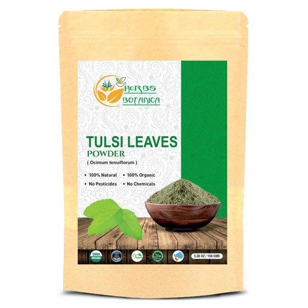 Herbs Botanica Tulsi Powder Tulasi Holy Basil Tulsi Powder Ocimum Sanctum 5.3 Oz / 150 Gms, Qasil Leaf Pot Indian Cleanse