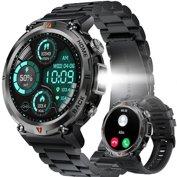 LaNikar Reloj Inteligente Militar para Hombre (Llamada recibida/dial) con Linterna