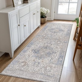 GENIMO 2x5 Runner Rugs for Hallway, Machine Washable Non Slip Vintage Retro Rugs, Low Pile Lightweight Thin Print Rug for enrtyway, Corridor, Home Office, Kitchen, Khaki Blue