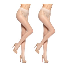 HUE Women's Toeless Sheer Tights with Lace Control Top, Natural - 2 Pair Pack, 3