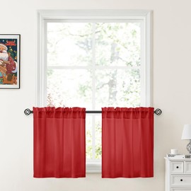 HOMEIDEAS Christmas Non-See-Through Red Privacy Sheer Kitchen Curtains, 30 X 24 Inches Long 2 Panels Short Sheer Curtains Light Filtering Bathroom Window Drapes for Bedroom Living Room