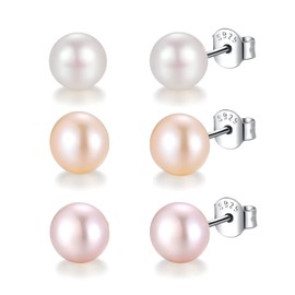 Freshwater Pearl Earrings 3 Pearl Earrings Silver 925 Pearl Stud Earrings Real Pearls Freshwater Cultured Pearl Earrings Stud Earrings White Champagne Light Purple 3 Pairs Set, Pearl