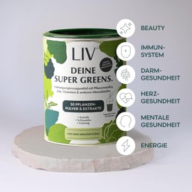 LIV Super Greens | 30 Plant Powder & Extracts | Pre- & Postbiotics, Vitamins, Minerals | With Acerola, Ginseng, Schisandra | Digestion & Strong Immune System | No Added Sugar & Sweeteners