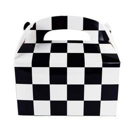 Super Z Outlet 12 Pack Black and White Checker Racing Flag Pennant Treat Gift Paper Cardboard Boxes with Handles for Candy Goodie Bags, Picnic Snacks, Birthday Party Favors (6.25" x 3 1/2" x 3.25")