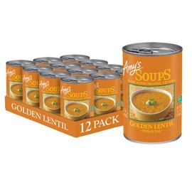 Amy's Soup, Vegan Golden Lentil Soup, Gluten Free Indian Dal, Made With Organic Red Lentils and Yellow Split Peas, Canned Soup, 14.4 Oz (12 Pack)