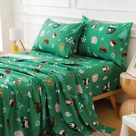 Green Forest Animals Full Size Bed Sheets for Kids 4 Piece Soft Microfiber Bed Sheets with Deep Pocket Cartoon Fox Owl Hedgehog Printed Bedding for Children Boys Kids (Animal Forest, Full)