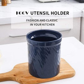 KOOV Kitchen Utensil Holder, Large Ceramic Utensil Crock, Deep and Stable, Utensils Caddy Texture Series (Dark Blue)