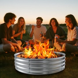 3FT Galvanized Fire Pit Ring, Foldable 36 Inch Silver Round Galvanized Fire Ring Outdoor Pits Raised Garden Bed for Backyard (Silver, 3x3x1FT)