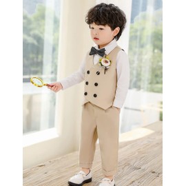LOLANTA Little Boys Formal Suits 4PCS Beige Tuxedos Outfits Collared Dress Shirts, Waistcoat, Pants, Bow Tie (Khaki, 4-5T)