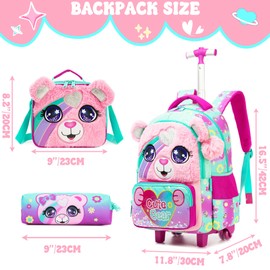 Meetbelify Cute Pink Bear Rolling Backpack with Wheels for Girls School Rolling Backpack Kids Travel Luggage for Girls Ages 5-12