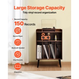 Happybuy Record Player Stand, with LED Light, 3 Tiers Turntable Stand with Charging Station & USB Ports, Holds up to 150 Albums, Vinyl Record Storage Cabinet with Display Shelf