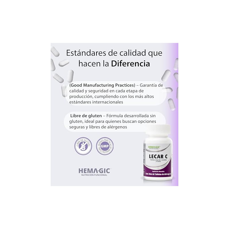 Lecar Carnitina Cromo Tabletas 650 Suplementos Alimenticios Fórmula Celulosa Microcristalina