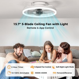 Aphyni Ceiling Fans with Lights and Remote, Low Profile Ceiling Fan, Modern Flush Mount LED Fan Light, 6 Wind Speeds Fandelier Ceiling Fan with Light for Bedroom, 3000-6500K Dimmable (15.7" White)