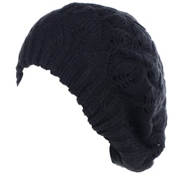 BYOS Winter Chic Leafy Cutout Crochet Knit Slouchy Beret Beanie Hat, Double Layers (Black)