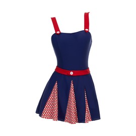 daizbella Women One Piece Swimsuits Vintage 1940s Retro Tummy Control Bathing Suit with Headband Belt, Blue and Red, Small