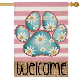 EKOREST Welcome Spring House Flags for Outdoor Decoration, Dog Paw with Daisy Flowers Stripes Large Yard Flag, Decorative Summer Celebration Decor for Seasonal Farmhouse Holiday Outside 28x40 Inch