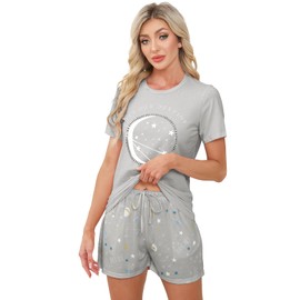 TeJoyce Women's Pyjamas Sets Cotton Short Pjs Set Short Sleeve with Shorts 2 Piece Loungewear Soft Cute Print Sleepwear Ladies Summer Pjs Set Grey