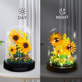 GaoDeBuChou Sunflower Flowers Micro Building Set,Flower Bouquet Botanical Toys Gifts for Boys Girls Age 10 11 12 13 14+Teen Adult,Not Compatible with Major Brands(596PCS with Light String Dust Cover)