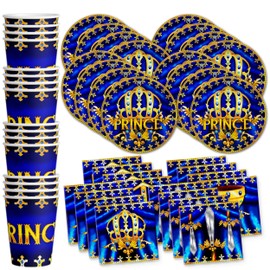 Royal Blue Prince - Juego de suministros de baby shower para fiesta de cumpleaños, juego de platos, servilletas, tazas, vajilla para 16 años