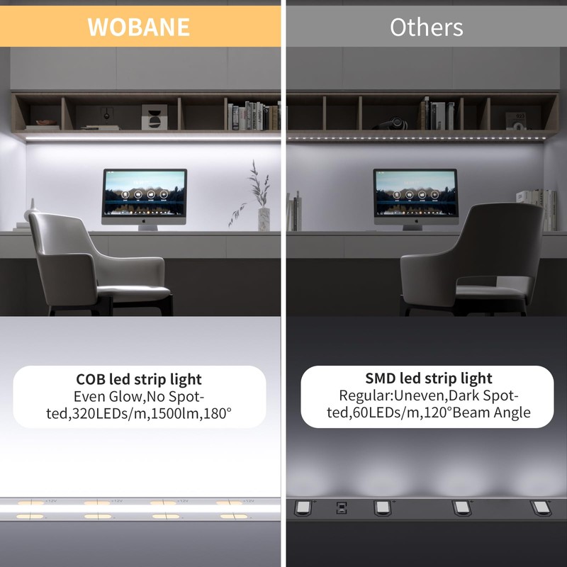 WOBANE White COB LED Strip Light with Remote Control,9.8ft White
