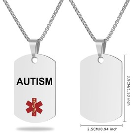 UNICGIFT Medical Alert ID Necklace, Laser Engraved AUTISM, Stainless Steel Tag Pendant with 23.6 inch Chain for Men Women