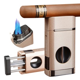 Cigar Cutter and Triple Jet Torch Lighter Set, Rose Gold, Built-in Punch Cutter (Golden)