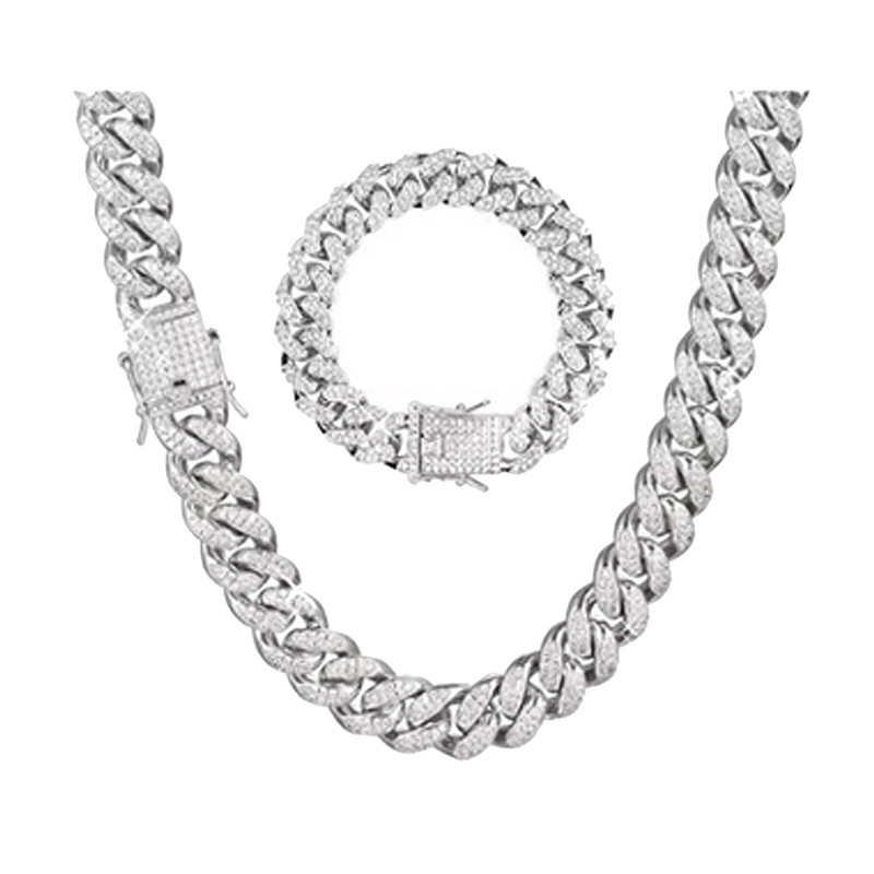 2Pcs Cuban Link Chain Rhinestone Necklace Bracelet Set Gift for