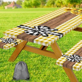 MDUKOIN Picnic Table Cover with Bench Covers, Sunflower Buffalo Plaid Farmhouse Wood Waterproof Elastic Fitted Tablecloths Outdoor Camping Essentials, with Drawstring Bag, 72in, Yellow