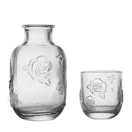 LCORMAG Vintage Flower Design Bedside Water Carafe Set, 15 oz, Clear Glass, for Bedroom Nightstand, Home Kitchen, Fruit Juice Pitcher, Mouthwash Bottle (Clear)