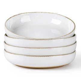 AmorArc 8.75'' Large Ceramic Pasta Bowls, 36oz Handpainted Stoneware Bowls Set of 4, Microwave&Dishwasher Safe Bowls with Wavy Rim&Rustic Terracotta Underside for Pasta Salad, White-Handbrush Rim