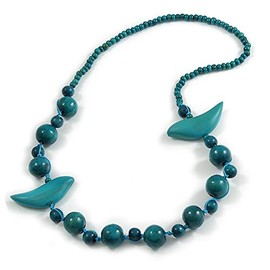 Avalaya Teal Wood Bead Bird Long Necklace - 80cm Long