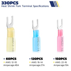 Haisstronica 330PCS Heat Shrink Fork Connectors #10 Waterproof Marine Grade Fork Terminal Connectors Blue Red Yellow 22-10 Gauge