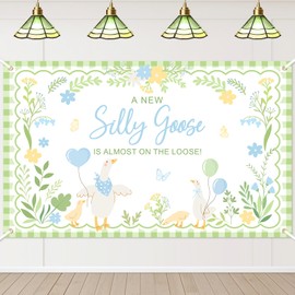 Avezano Goose Baby Shower Banner A New Silly Goose Is Almost On The Loose Backdrop Plaid Floral Silly Goose Baby Shower Decorations Little Duck Theme Gender Reveal Banner Party Supplies (Green, 6x3.6ft)
