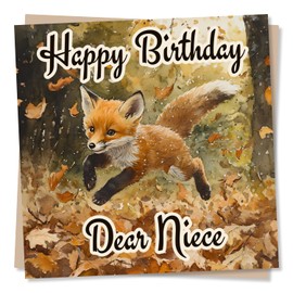 Gorgeous Fox Happy Birthday Card For Niece - Fox, Forest, Autumn Leaves, Nature Lover - Greetings Wish From Aunt, Auntie, Uncle