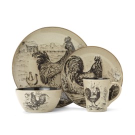 Pfaltzgraff Homespun Rooster 16-Piece Dinnerware Set, Service for 4 Brown