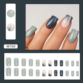 French Tip Press On Nails Fake Nails Medium Short Coffin Square with Gray Glitter Designs Glossy Acrylic False Nails Short Square Glue on Nails Full Cover Thick Stick on Nails for Women Girls 24Pcs W760