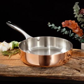 Berghoff Vintage Tri-Ply Copper 9.5in Deep Skillet, Polished, Long Ergonomic Shaped Handle, 3-layer Base, Gold