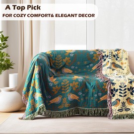 VANJOROY - Manta bohemia, 100 % algodón orgánico, transpirable, ultrasuave, de 50 x 60 pulgadas, manta de cama floral rústico, decoración de granja, manta reversible de lujo para sofá, silla y regalo