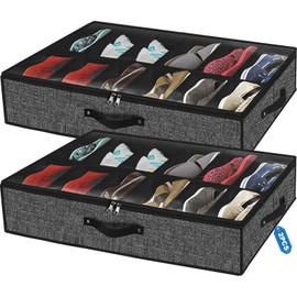 Under Bed Shoe Storage Organizer for Closet Fits 24 Pairs-Sturdy Underbed Shoe Storage Box Bins,Set of 2 (Linen-like Black)