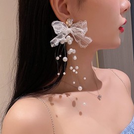 Wekicici Bow Pearl Tassel Earrings Elegant Bow Handmade Dangle Earrings Simulated Pearl Rhinestone Earring for Women