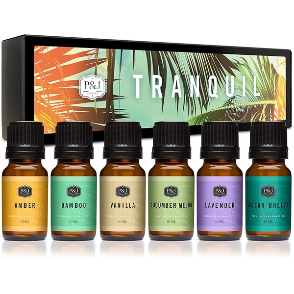 Tranquil Set of 6 Premium Grade Fragrance Oils - Vanilla, Cucumber Melon, Lavender, Amber, Bamboo, Ocean Breeze - 10ml