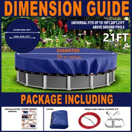 Pool Covers for Above Ground Pools,21 Foot Round Winter Pool Cover,Heavy Duty & Extra Thick 195G PE Tarps Material,Cold-Resistant Anti-UV,Extreme Weather Protection,Winch and Cable Closing Kit,Navy