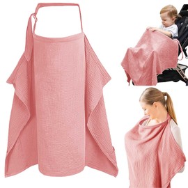 Breastfeeding Cover, Double Layer Breathable Muslin Nursing Cover, Stroller Nursing Cover Adjustable Straps, Inner Lining with Mesh, Breast Feeding Cover for Mum All-Round Privacy Protection(Pink)