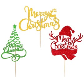 Whaline - 48 piezas de decoración para cupcakes de Navidad, 3 diseños de decoración para tartas, árbol de Navidad, muñeco de nieve, feliz Navidad, centro de mesa, púas de alimentos, suministros de