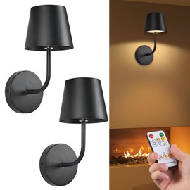 IMQSQIK LED Wireless Wall Lamp Set of 2, with 5600mAh Rechargeable Battery Powered Wall Sconces, Touch for Remote Control Infinite Dimming Be Used for Bedroom Mirror Living Room Wall Painting (Black)