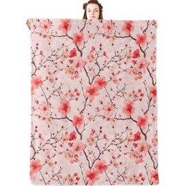 jwyta Cherry Blossom Flannel Blanket,Elegant Flower Throw with Light Pink Background,Lightweight Fleece Blankets for Women Girls,Couch,Cabin,Bed,Camping Floral Home Decor Gifts,60x50in