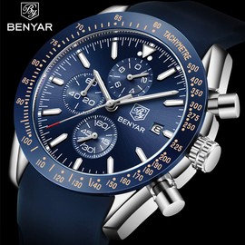 BENYAR Men's Watch Quartz Sports Chronograph Fashion Business Luxury Brand Waterproof Watch Analog Date Men's Brown Leather Watch for Men (Rubber Silver Blue)