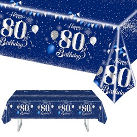 MORAINJAY Birthday Tablecloth for 80,Navy Blue Silver Table Cloth for 80th Birthday Party,137x274cm Table Cover,Rectangular Waterproof Tablecloth for Men,Women, Birthday Party Supplies Table Decor