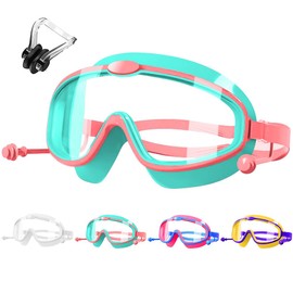 HINATAA Children's Swimming Goggles, Anti-Fog Swimming Goggles with Nose Clip, Swimming Goggles with Integrated Earplugs, Diving Goggles for Boys Girls 3-8 Years, UV Protection, No Leak (Green)