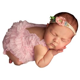 Baby Photography Props Outfit Lace Rompers Newborn Girl Photo Shoot Outfits Flower Headband Princess Costume (Pink B)